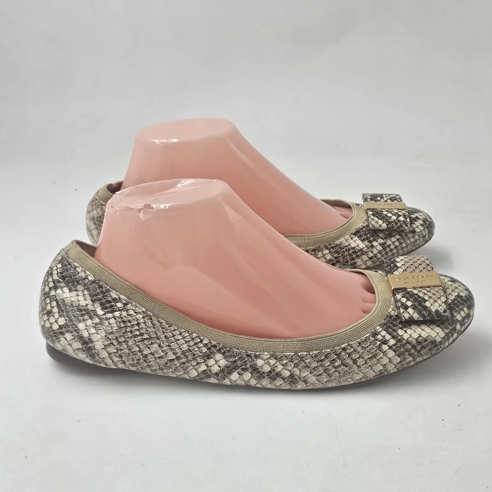 Kate Spade Tock Snakeskin Print Bow Ballet Flats Size 9.5 Gold Logo Plate Detail